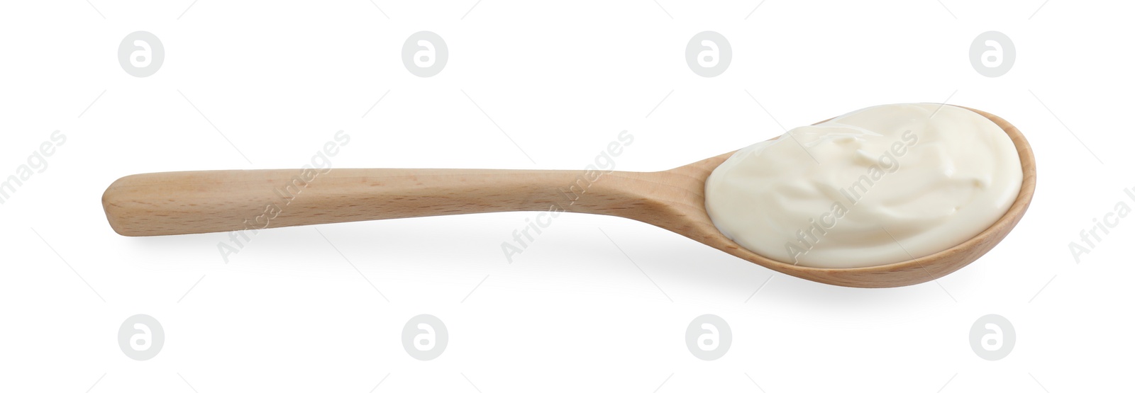 Photo of One wooden spoon with mayonnaise isolated on white