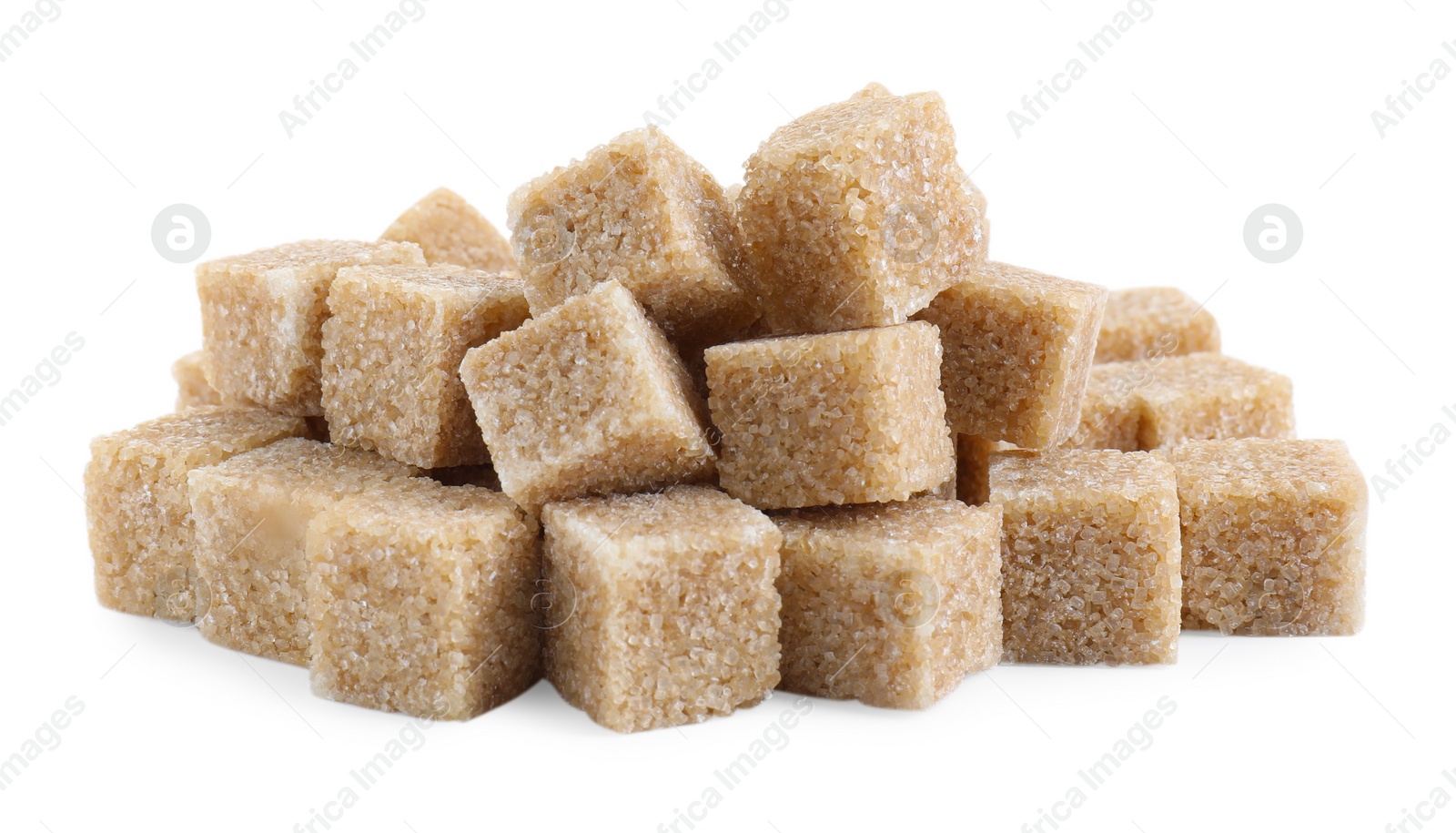 Photo of Many brown sugar cubes isolated on white