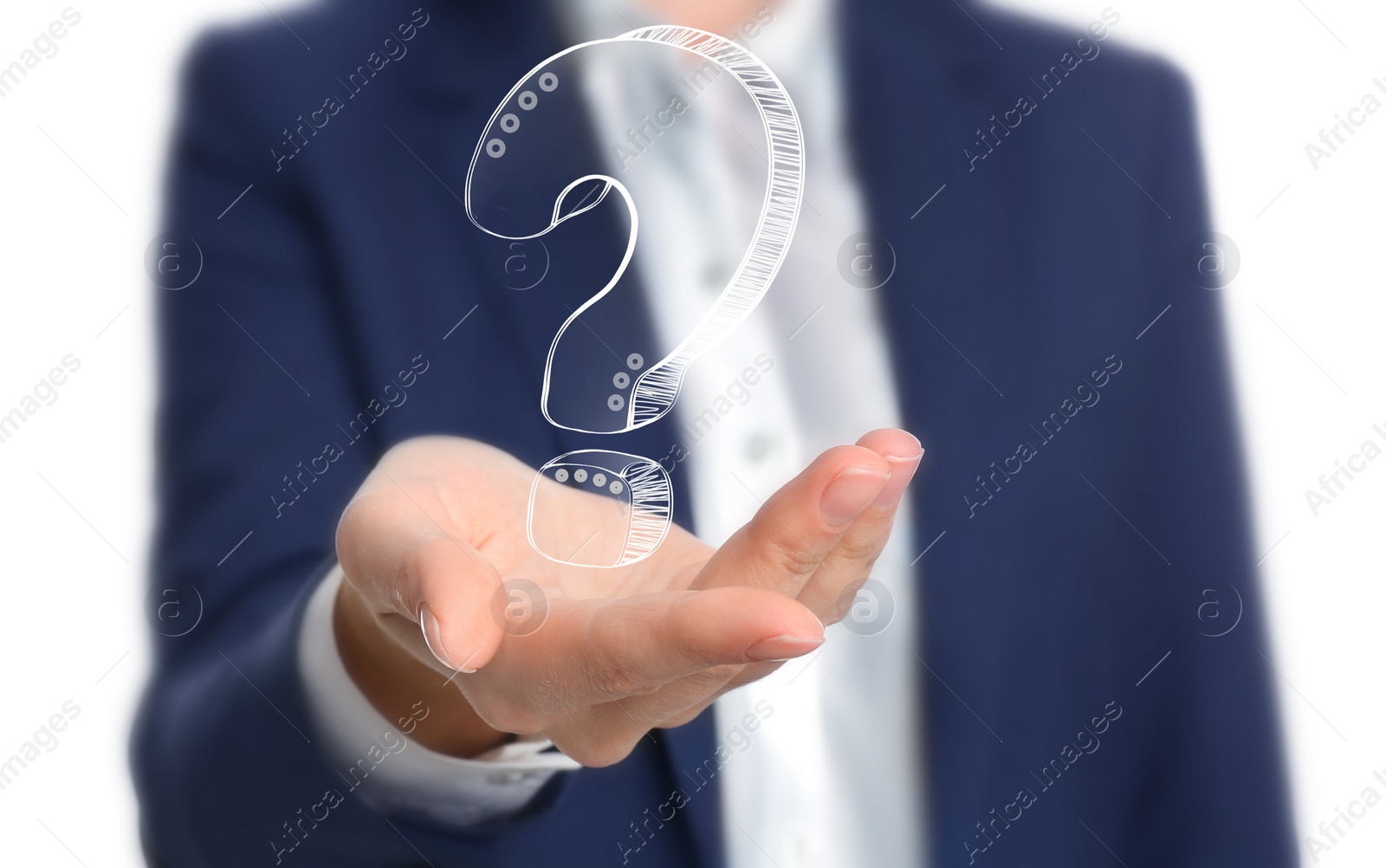 Image of Businesswoman on white background demonstrating drawing of question mark