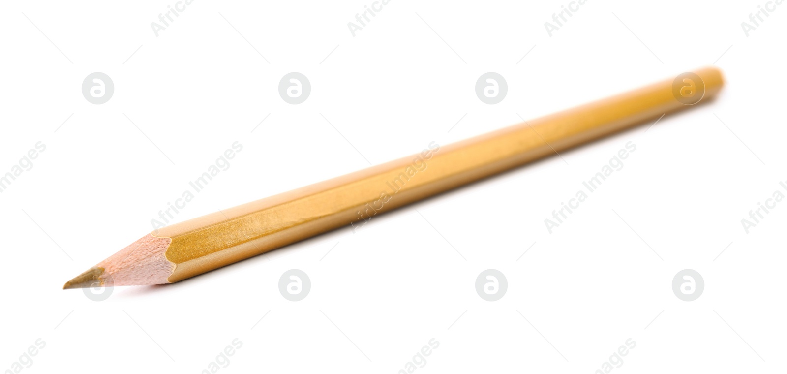 Photo of Golden wooden pencil on white background. School stationery