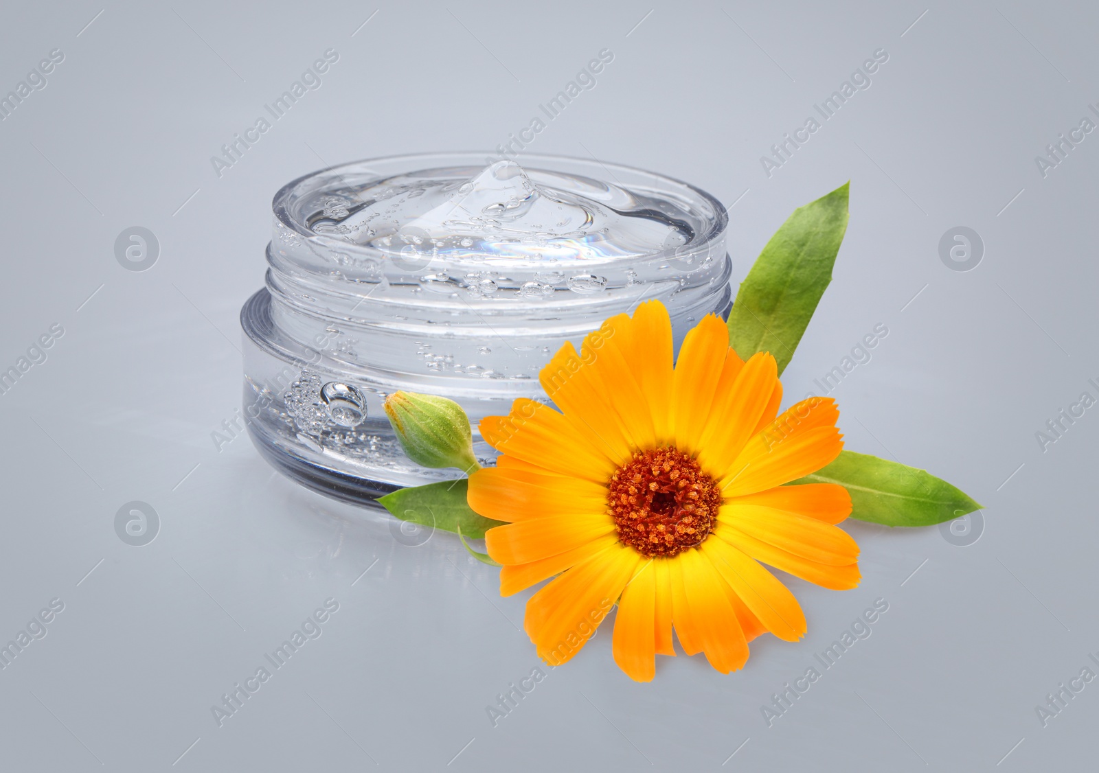 Image of Transparent gel with calendula extract on light grey background. Natural based cosmetic product