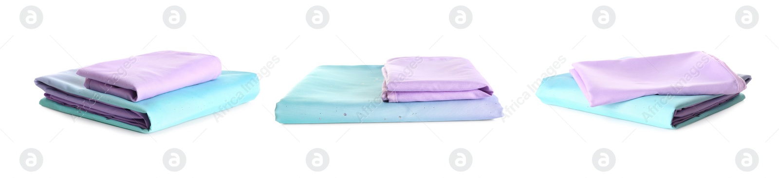 Image of Set with stacks of clean bed linen on white background. Banner design