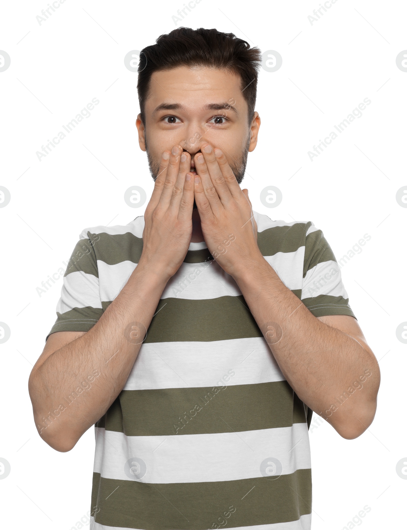 Photo of Embarrassed man covering mouth with hands on white background