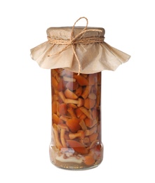 Photo of Jar with pickled mushrooms on white background