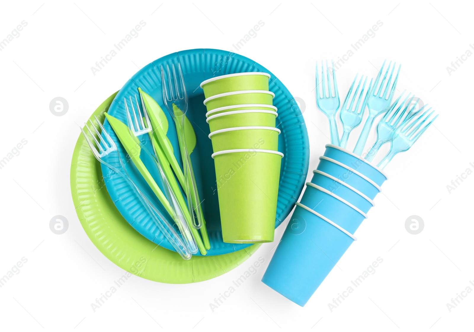 Photo of Set of disposable tableware on white background, top view