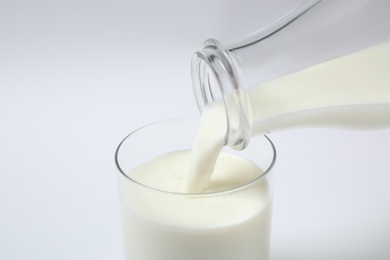 Pouring milk into glass on white background, closeup