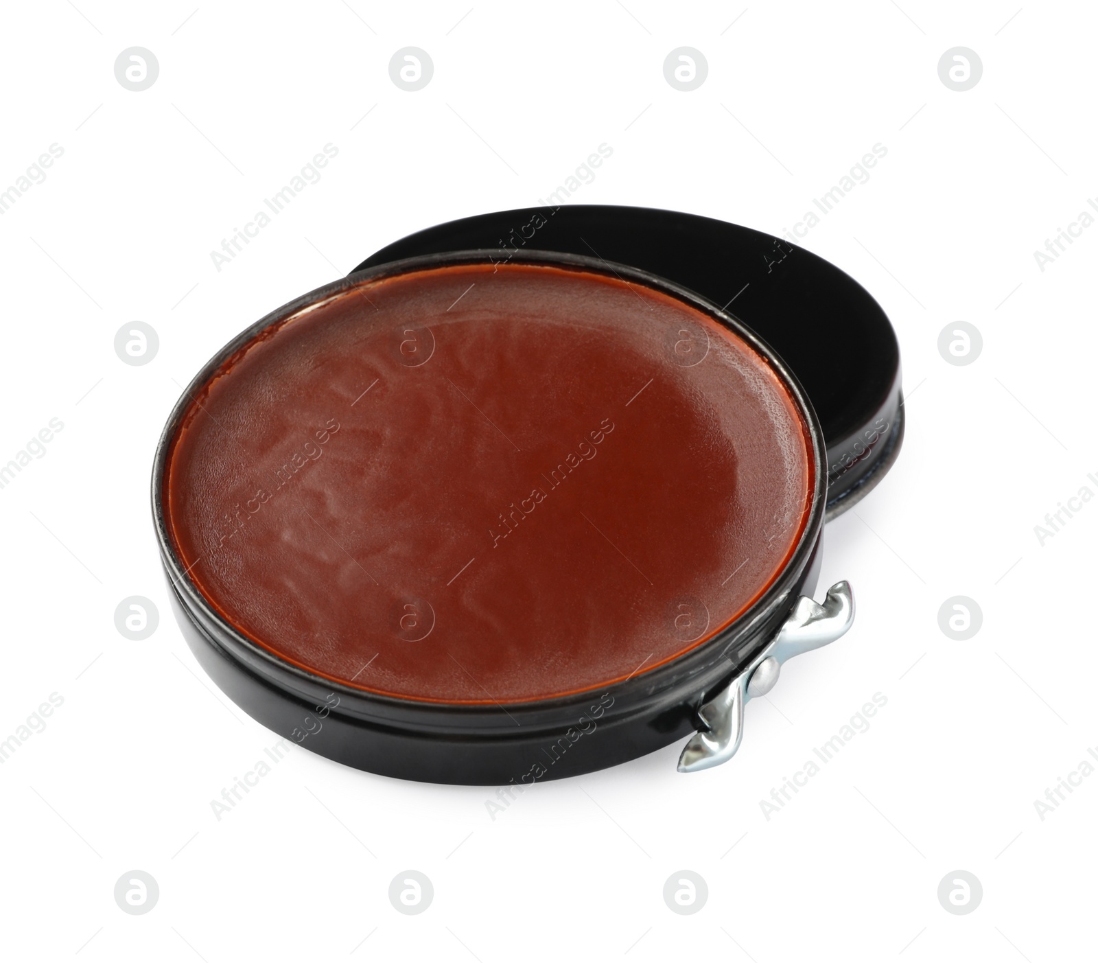 Photo of Can of wax polish isolated on white. Shoe care item