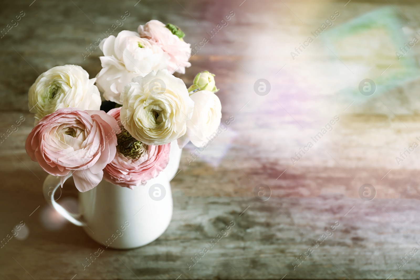 Image of Vase with beautiful ranunculus flowers on wooden table. Space for text