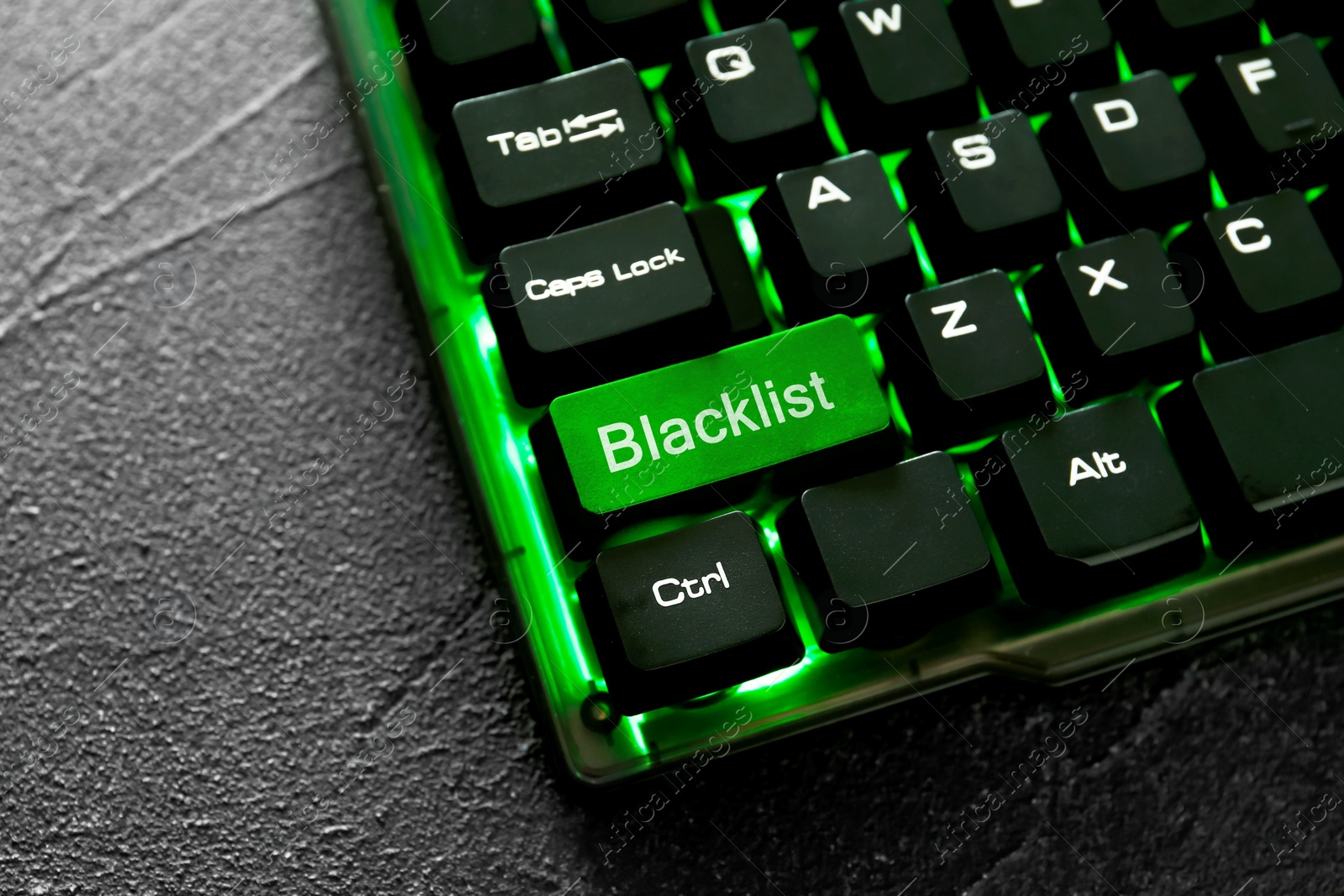 Image of Green button with word Blacklist on computer keyboard, closeup