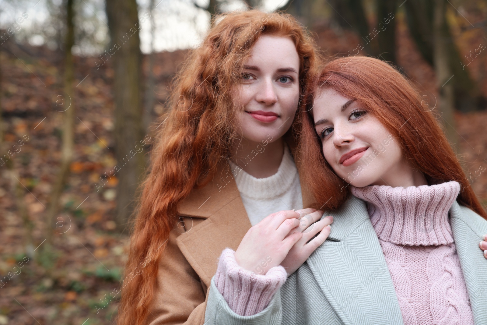 Photo of Portrait of beautiful young redhead sisters in park on autumn day. Space for text