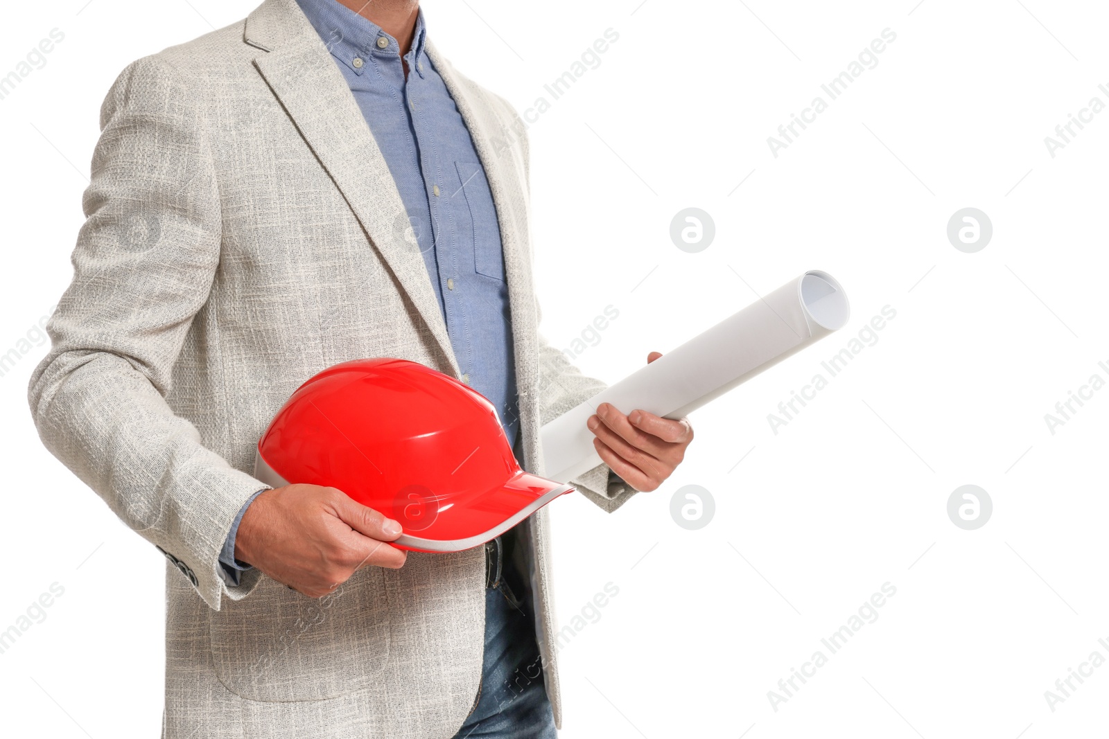 Photo of Professional engineer with hard hat and draft isolated on white, closeup