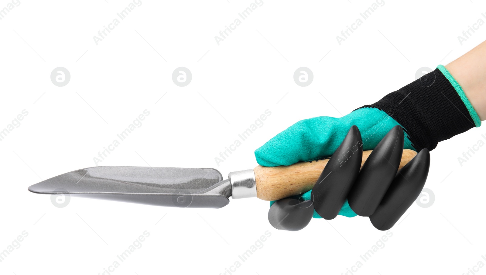 Photo of Woman in claw gardening glove holding trowel on white background, closeup