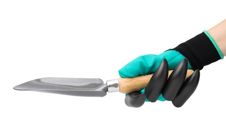 Photo of Woman in claw gardening glove holding trowel on white background, closeup