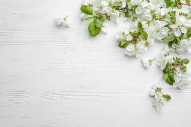 Photo of Flat lay composition of beautiful fresh spring flowers on wooden background, space for text