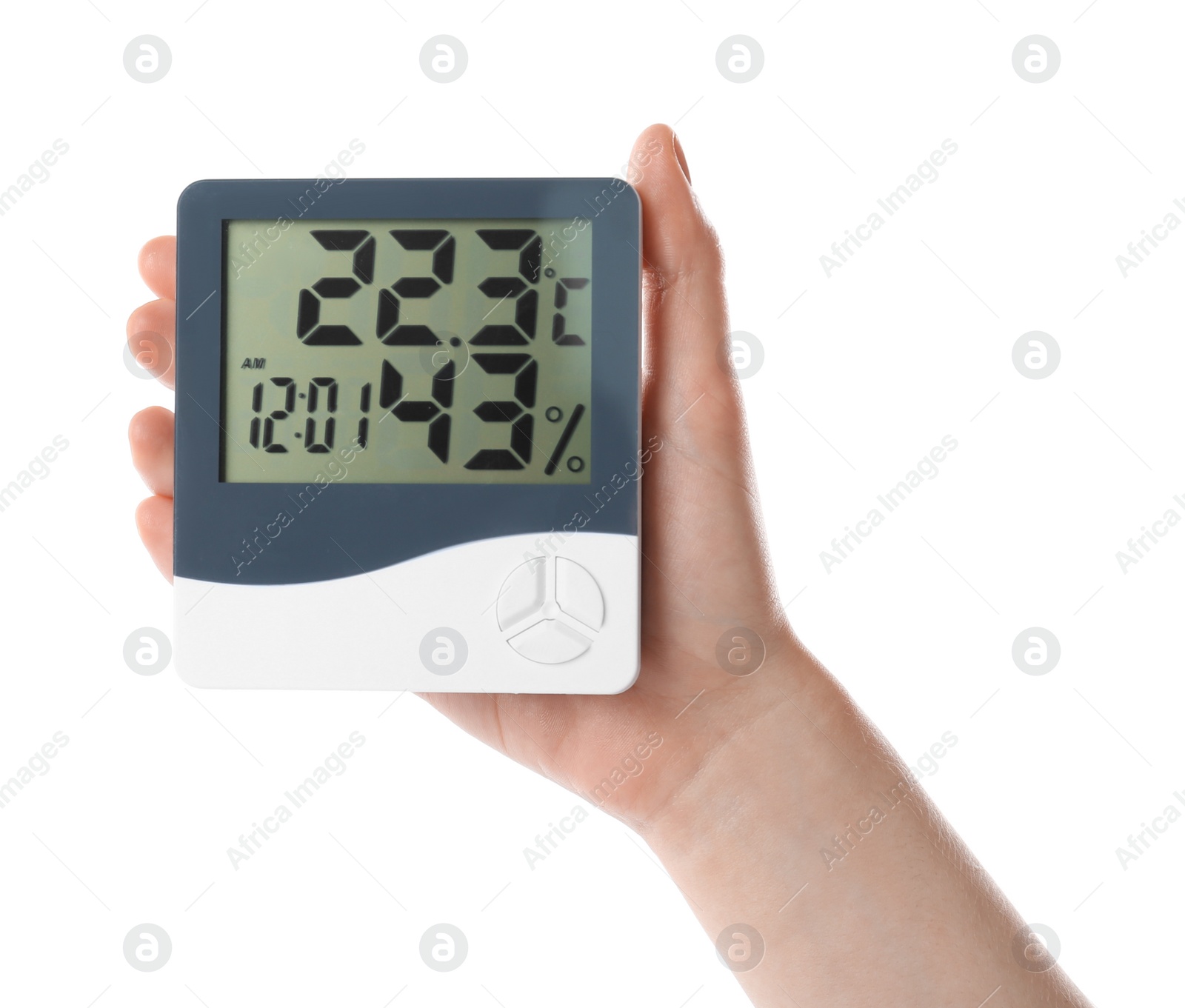 Photo of Woman holding digital hygrometer on white background, closeup