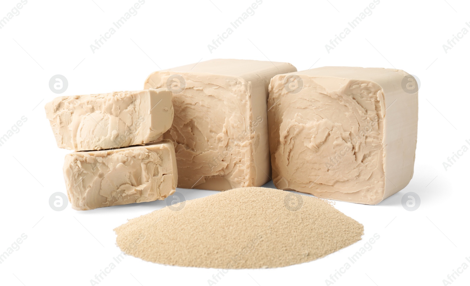 Photo of Compressed and granulated yeast isolated on white