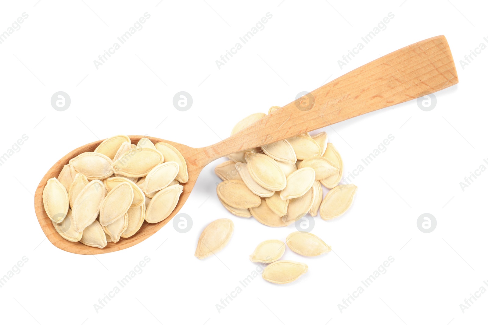 Photo of Wooden spoon with pumpkin seeds isolated on white, top view