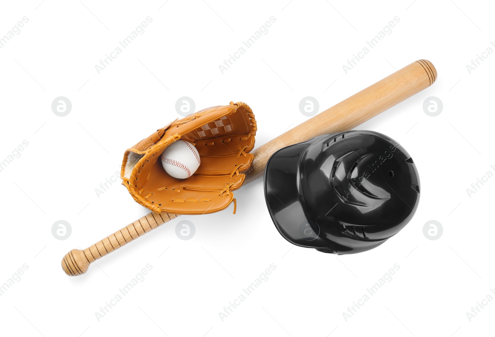 Photo of Baseball glove, bat, ball and batting helmet isolated on white, top view