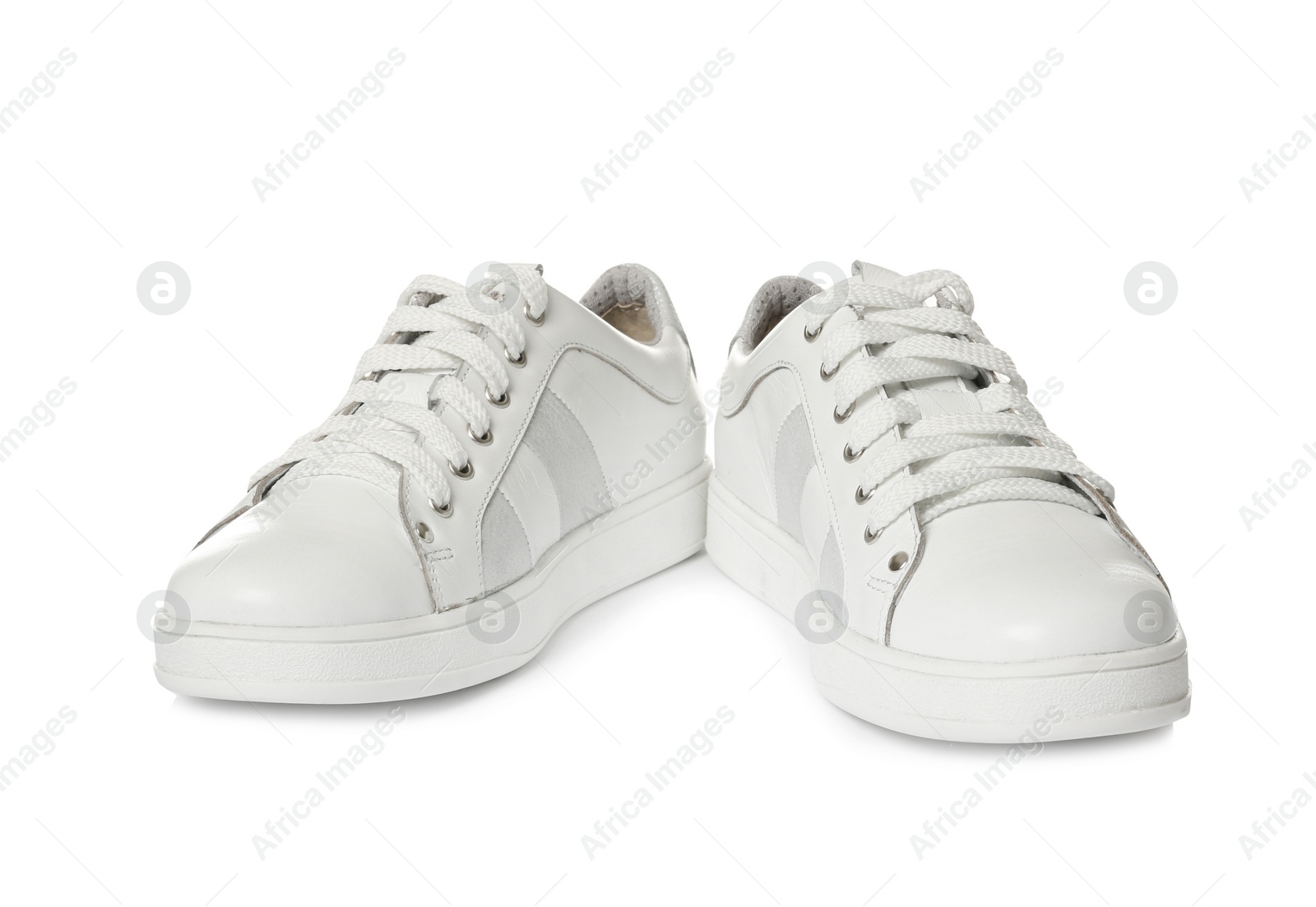 Photo of Pair of stylish modern shoes on white background
