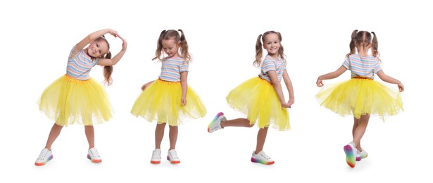Collage with photos of cute little girl dancing on white background. Banner design