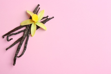 Photo of Flat lay composition with vanilla sticks and flower on pink background. Space for text