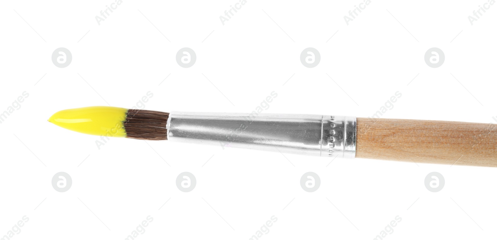 Photo of Brush with color paint on white background, top view