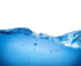 Photo of Splash of clear blue water on grey background