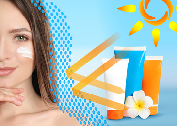 Image of Illustration of sun protection layer and beautiful young woman with healthy skin on blue background, closeup