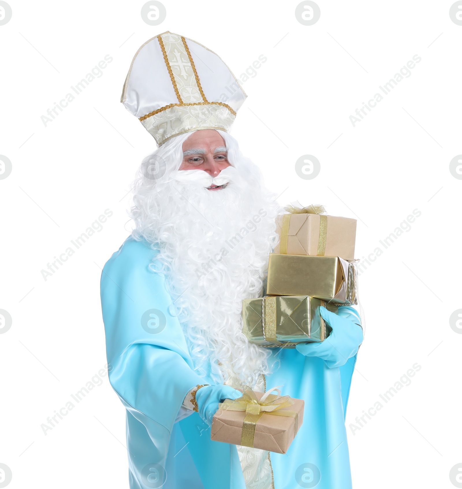 Photo of Portrait of Saint Nicholas with presents on white background
