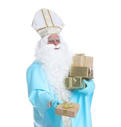 Portrait of Saint Nicholas with presents on white background