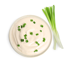 Photo of Fresh sour cream with onion on white background, top view