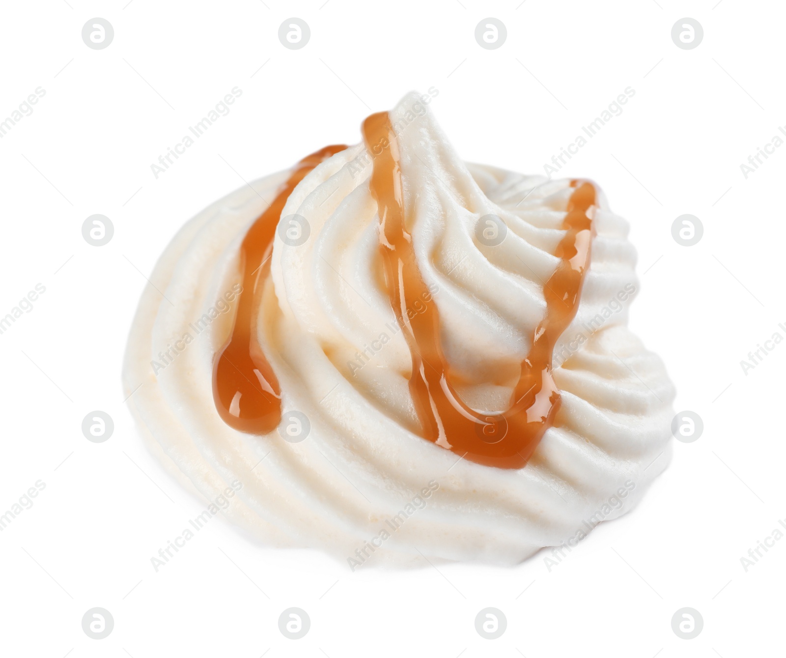 Photo of Delicious fresh whipped cream with caramel sauce isolated on white