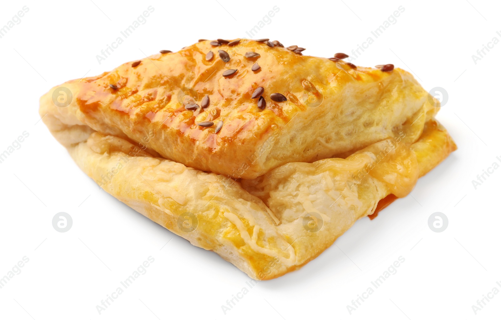 Photo of Fresh delicious puff pastry with cheese on white background