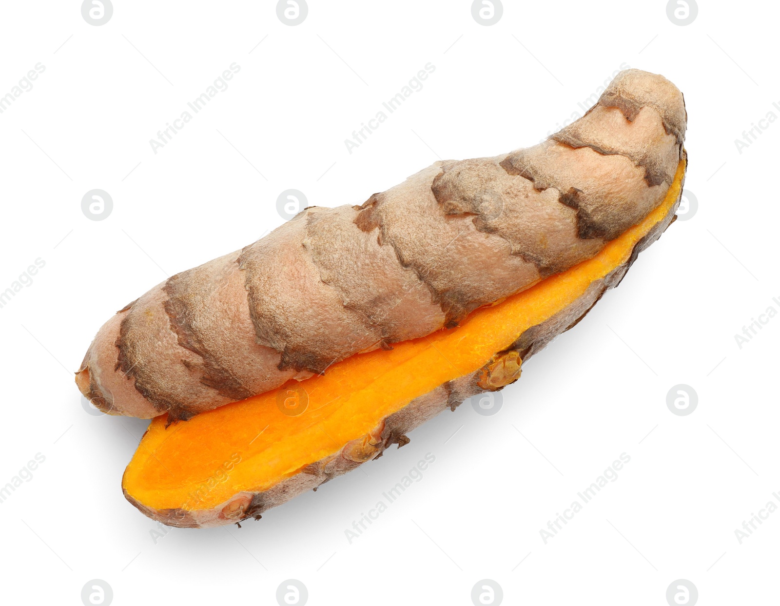 Photo of Fresh cut turmeric root isolated on white