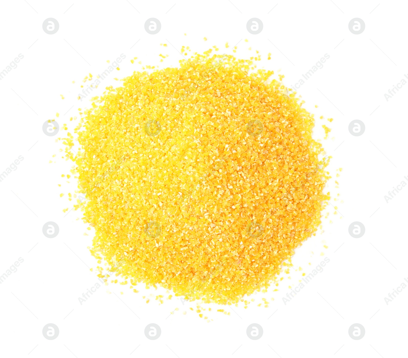 Photo of Pile of raw cornmeal isolated on white, top view