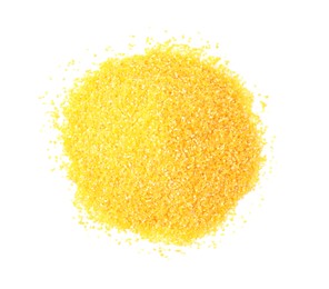 Pile of raw cornmeal isolated on white, top view