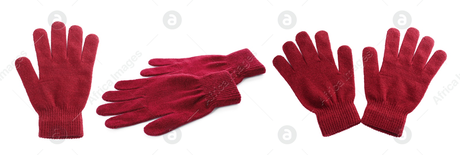 Image of Set of red woolen gloves on white background. Banner design 