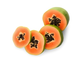 Photo of Fresh sliced papaya fruit on white background, top view