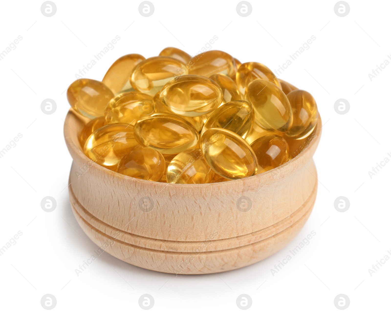 Photo of Bowl with cod liver oil pills on white background