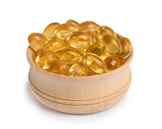 Photo of Bowl with cod liver oil pills on white background