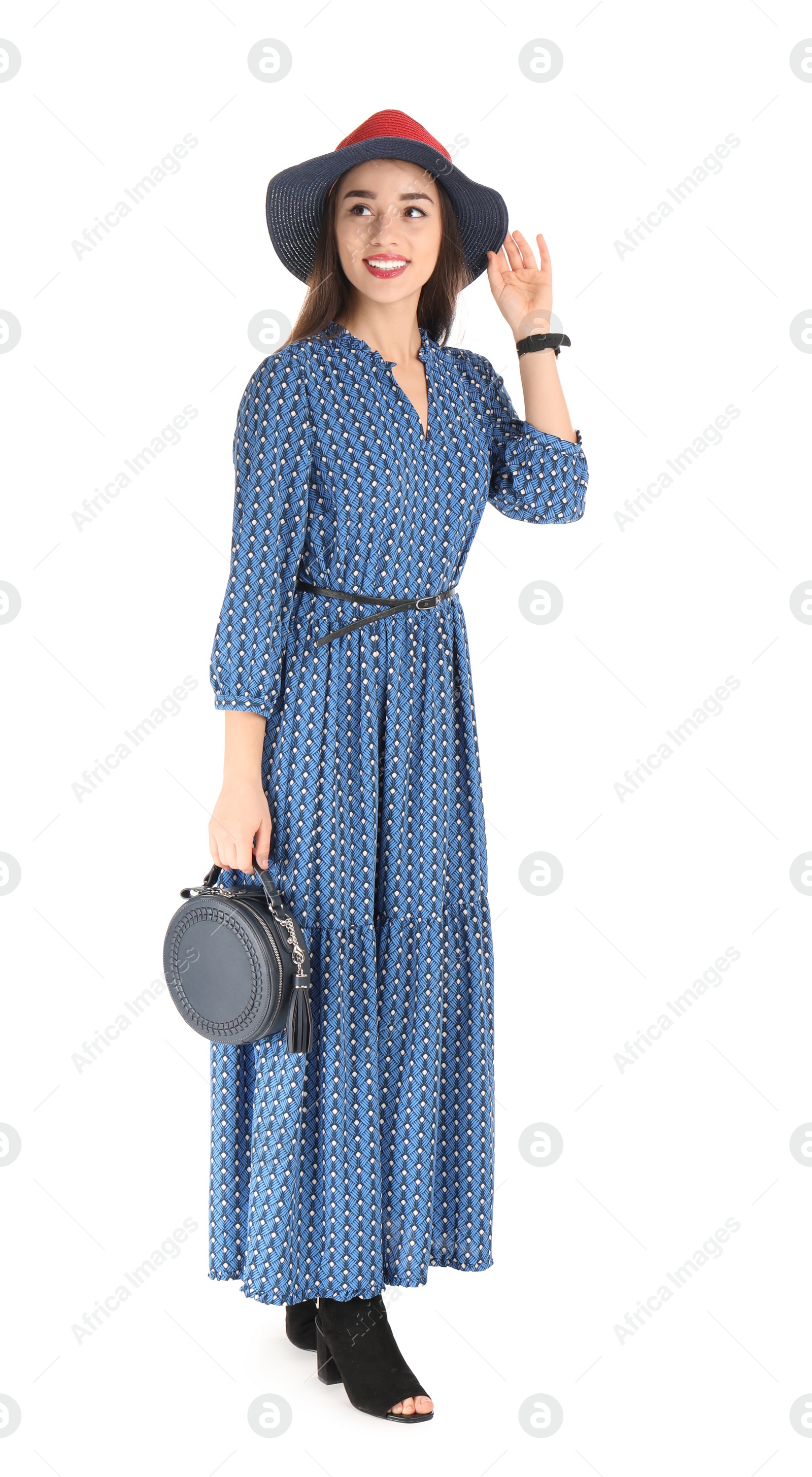 Photo of Portrait of beautiful young woman in stylish dress on white background