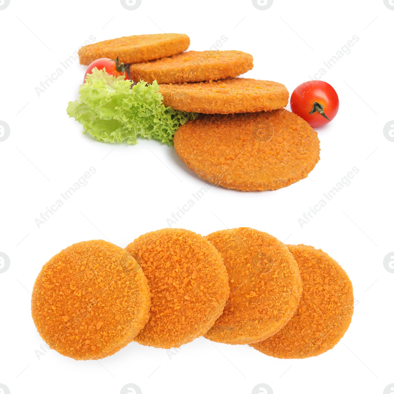 Image of Tasty breaded cutlets on white background, collage