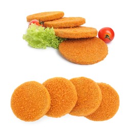 Image of Tasty breaded cutlets on white background, collage