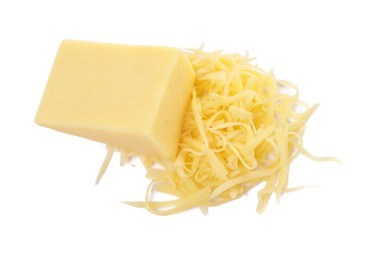 Photo of Grated and whole piece of cheese isolated on white, top view