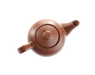 Brown clay teapot isolated on white, top view