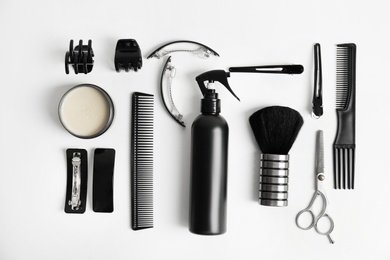 Professional hairdresser tools on white background