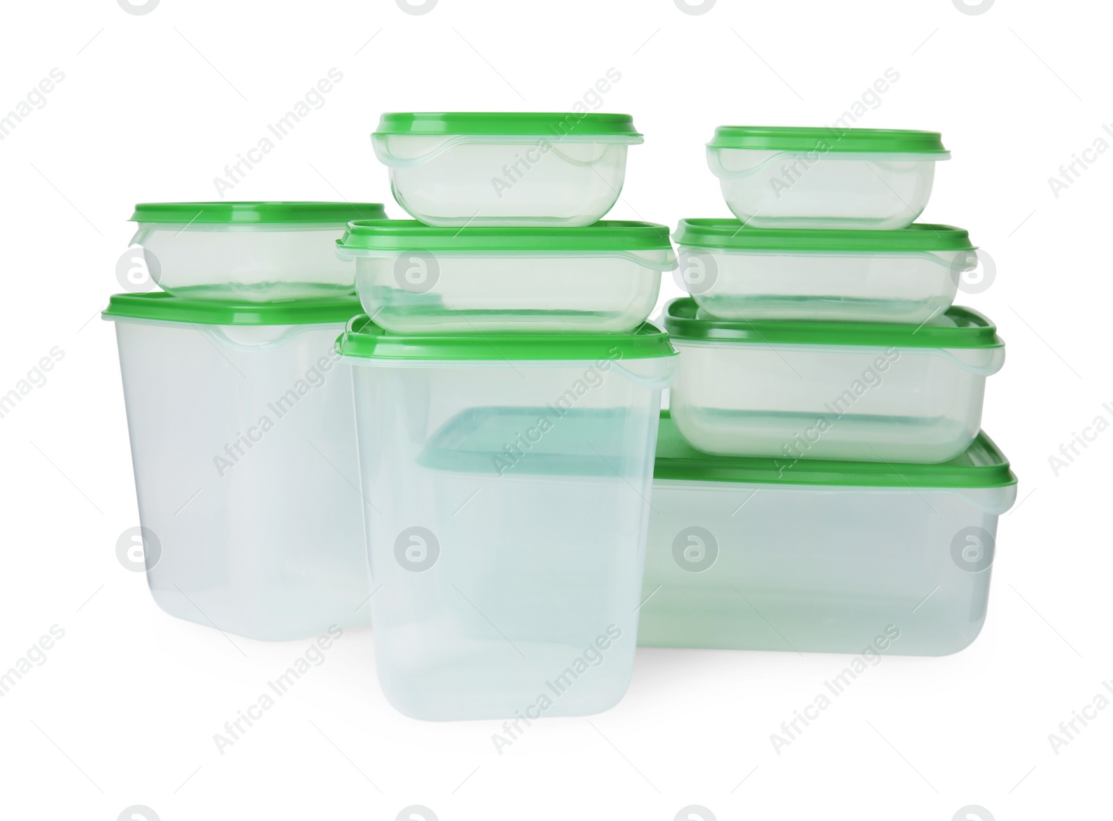 Photo of Empty plastic containers on white background. Food storage