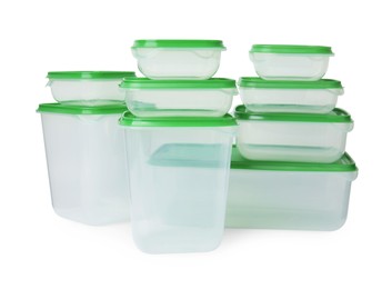 Photo of Empty plastic containers on white background. Food storage