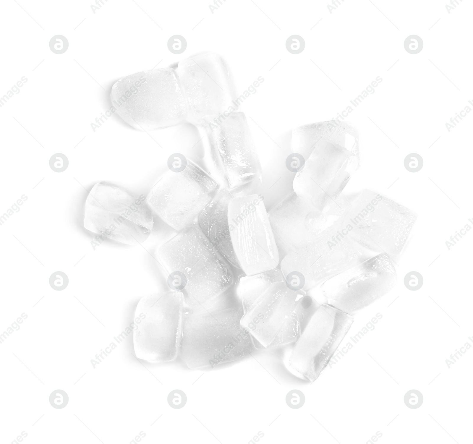 Photo of Ice cubes on white background, top view