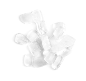 Photo of Ice cubes on white background, top view